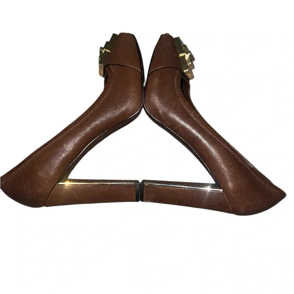 Tory Burch Quentin Landed Capra Peep Toe Leather Heels Fig Brown 8.5 Chocolate